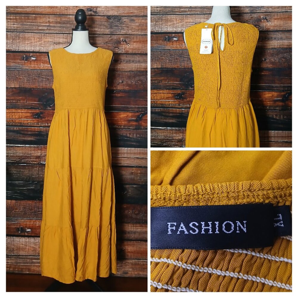 NWT Fashion Midi Dress XL 100% Rayon Smocked Tiered Mustard Gold Pockets Boho